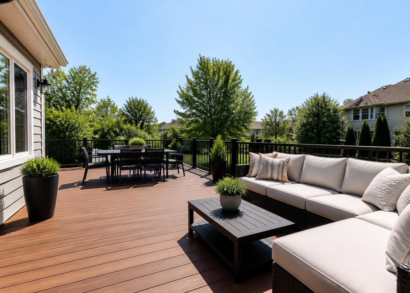 Newly built composite deck with railing and outdoor furniture