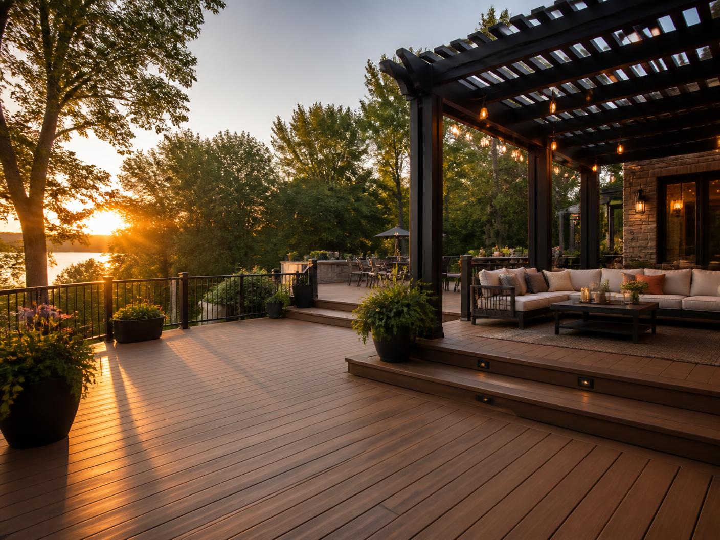 Composite deck with pergola and lounge seating at golden hour