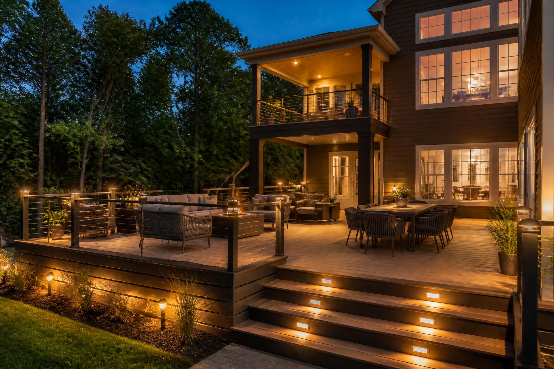 Large multi-level deck lit at dusk with outdoor seating