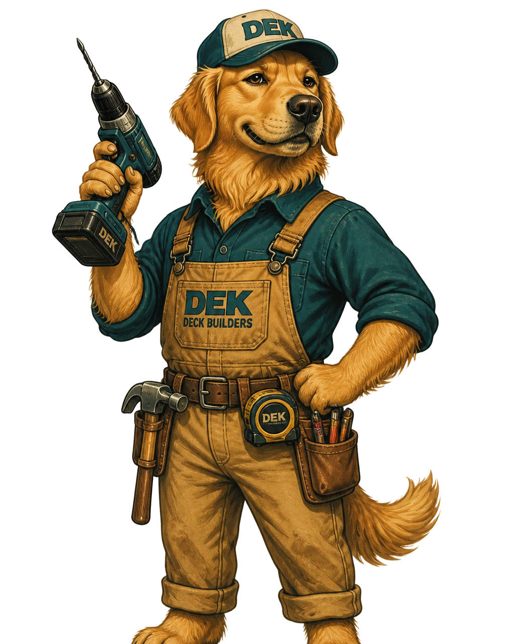 Dek the golden retriever deck builder holding a cordless drill