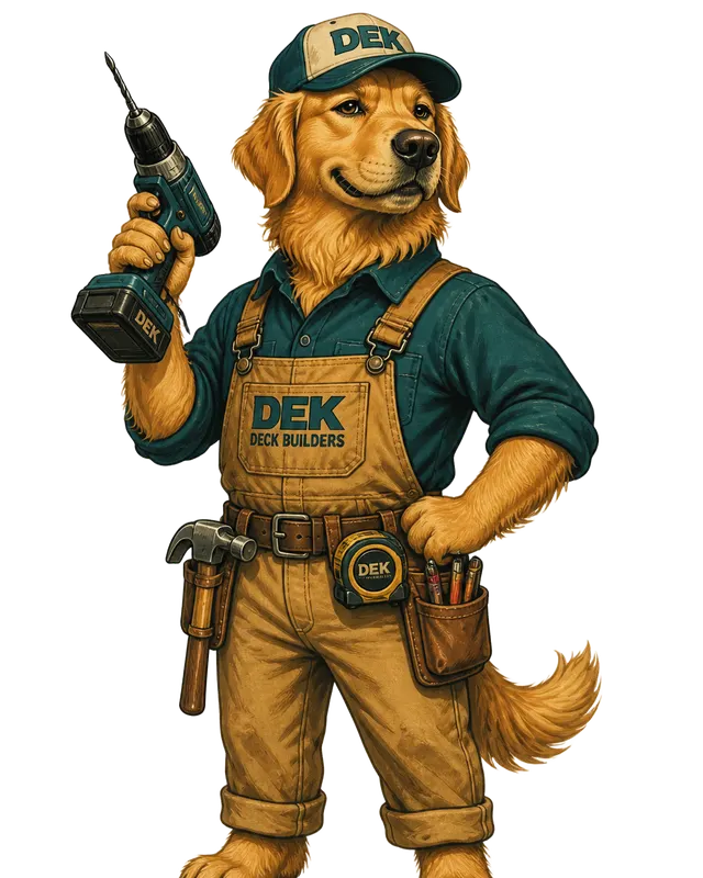 Dek the golden retriever deck builder holding a cordless drill