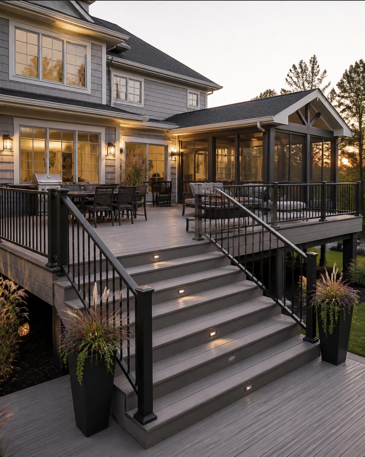 Two-level composite deck with wide lit staircase