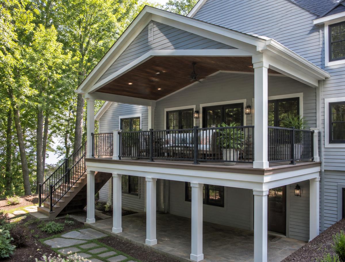 Elevated second-story covered deck on a suburban home
