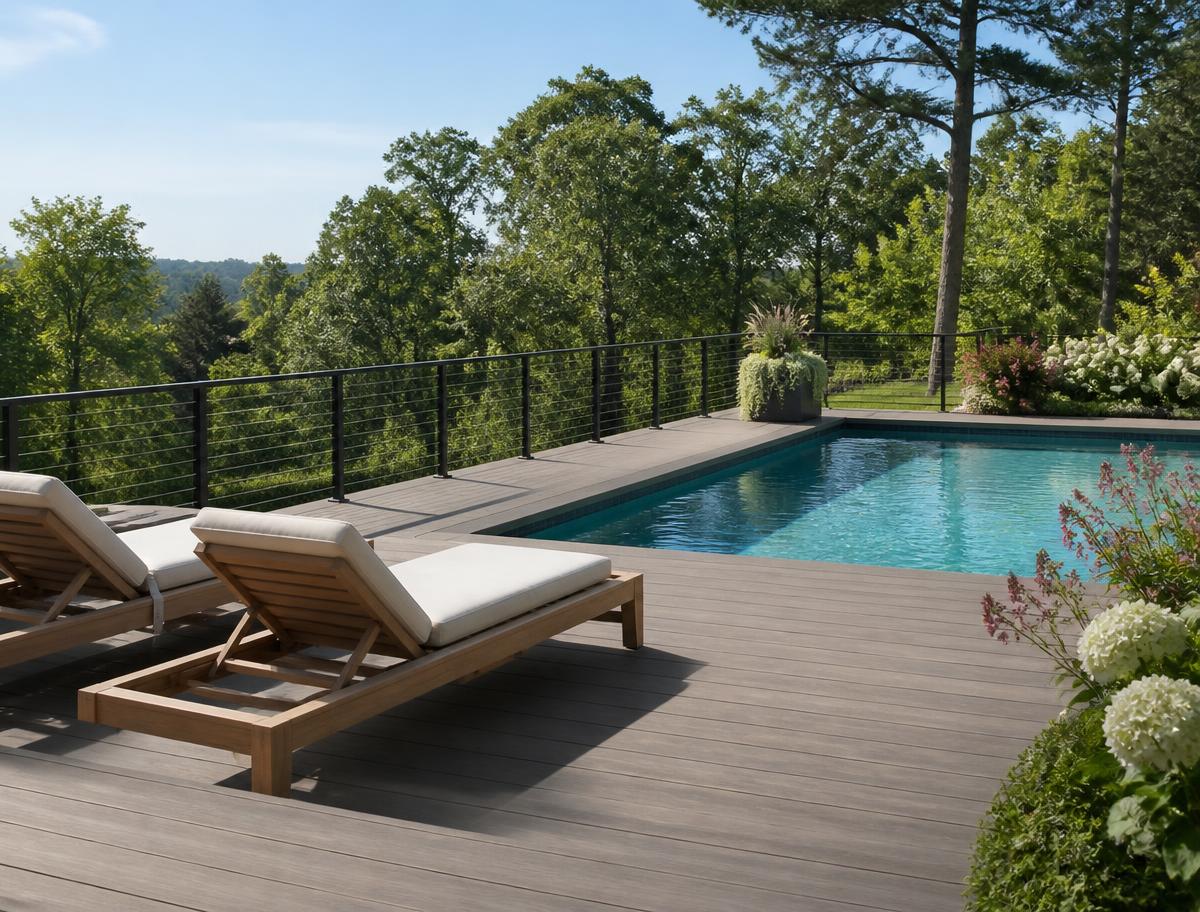 Composite pool deck with cable railing and lounge chairs
