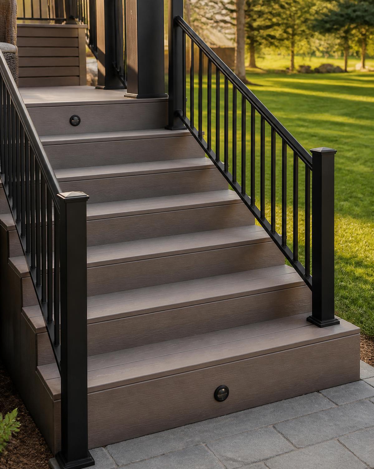 Composite deck stairs with black railing and riser lights