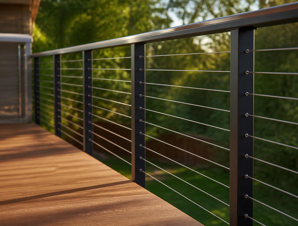 Stainless cable railing detail on a composite deck