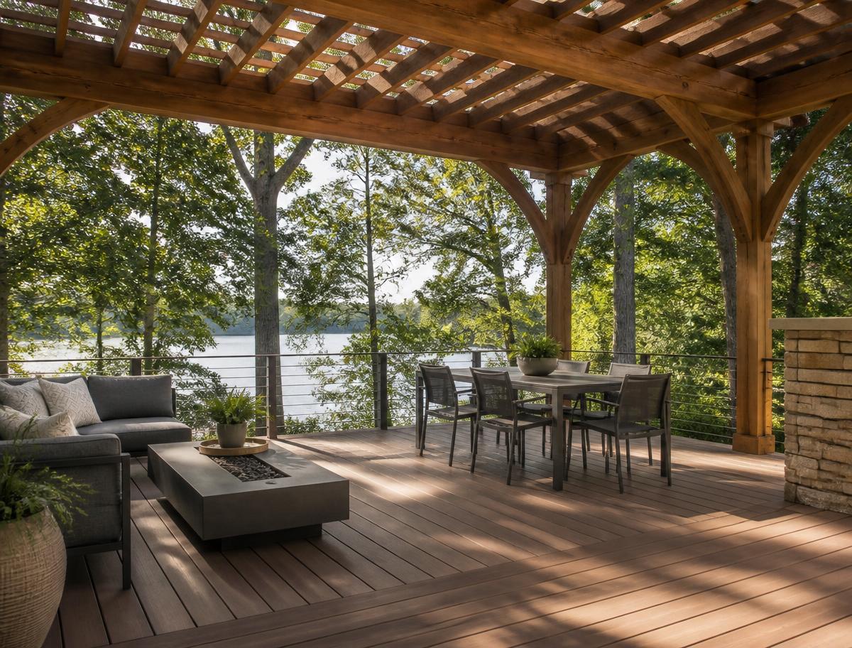Cedar pergola over a composite deck with lounge seating