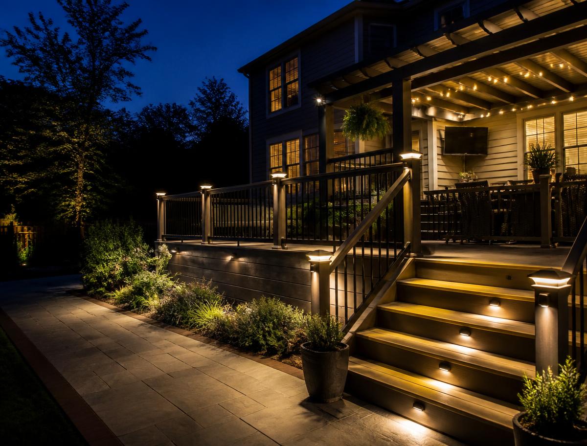 Backyard deck at night with warm integrated lighting