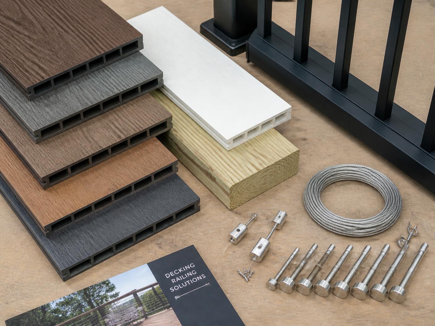 Decking and railing material samples on a workbench
